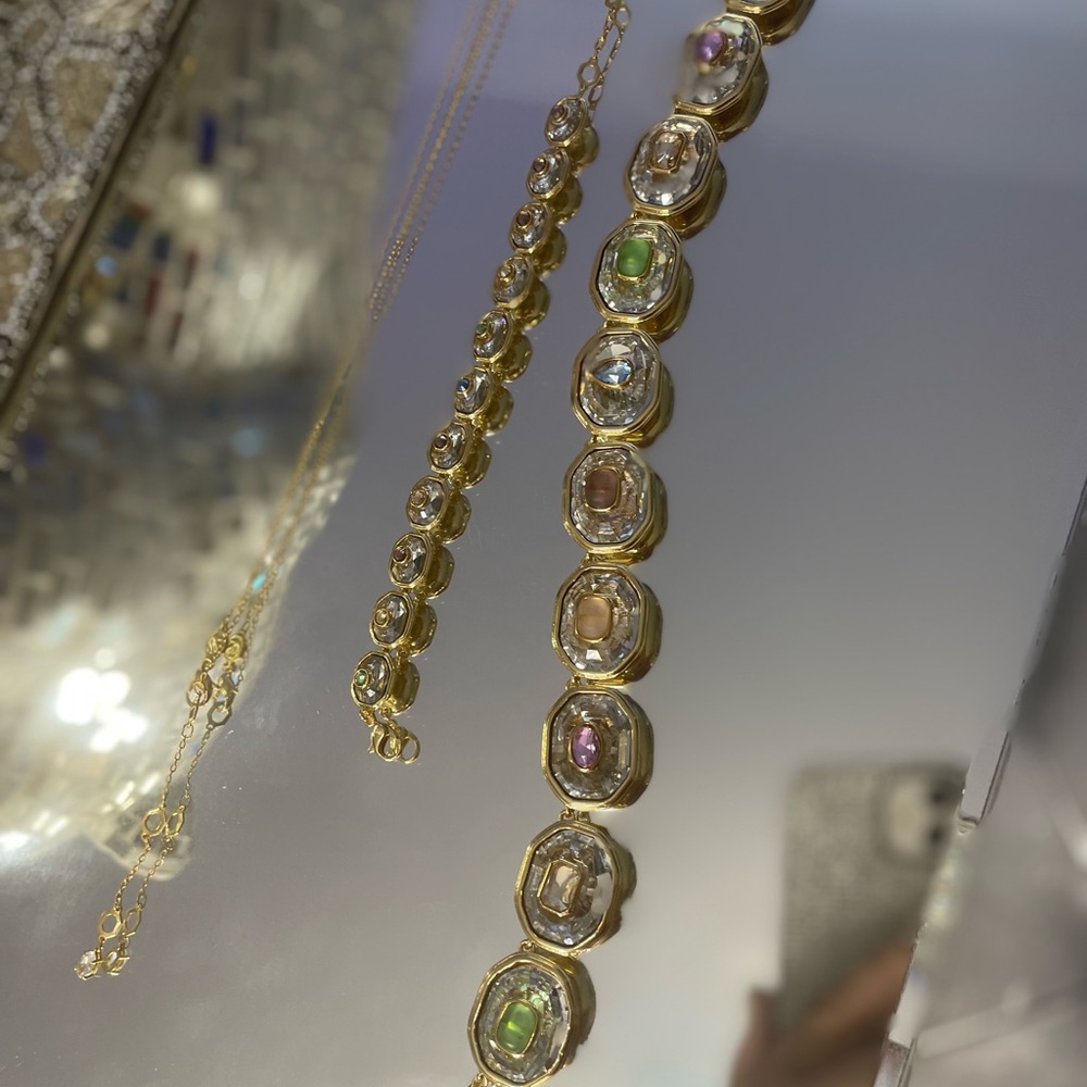 Swarovski Gold-Tone Necklace with Green, Pink and Clear Stones - Picture 4 of 7